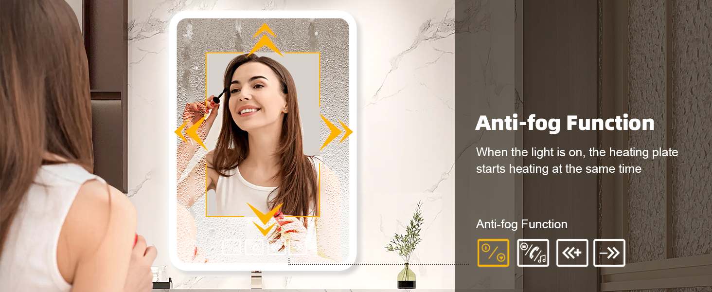 Дзеркало для ванної кімнати з підсвічуванням 50x70 см з Bluetooth, годинником, функцією проти запотівання та сенсорним вимикачем, 3 кольори світла, регулювання яскравості