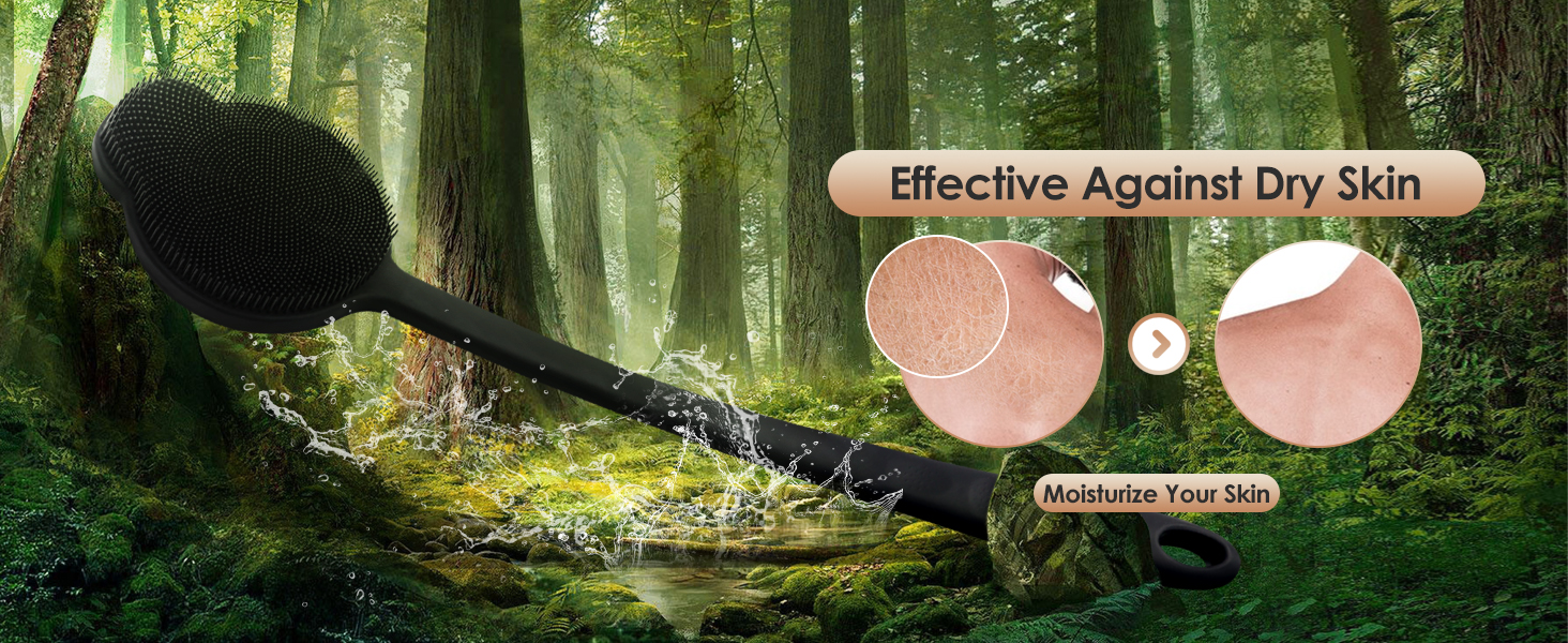 Силіконовий скребок для тіла під душ з довгим ручним держаком, двосторонній скребок для душу для пілінгу та масажу, створює багату піну, скребок для спини з довгим ручним держаком для чоловіків (Carbon Black)