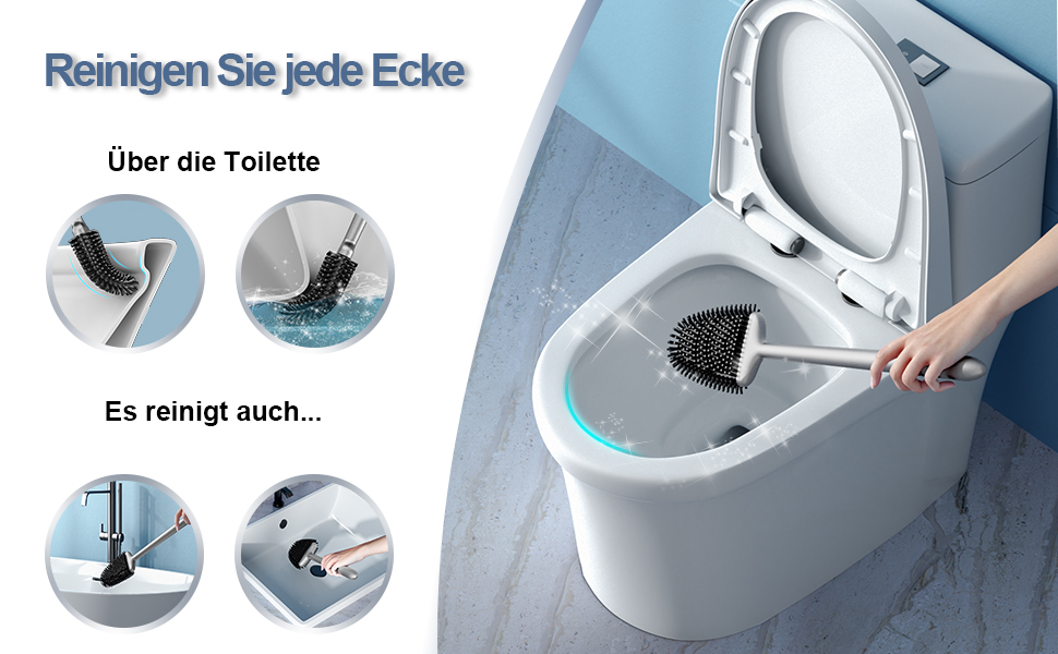 Щітка для унітазу з силікону Waretary з тримачем, нержавіюча сталь, гнучкий наконечник, швидке висихання, для ванної кімнати (срібляста)