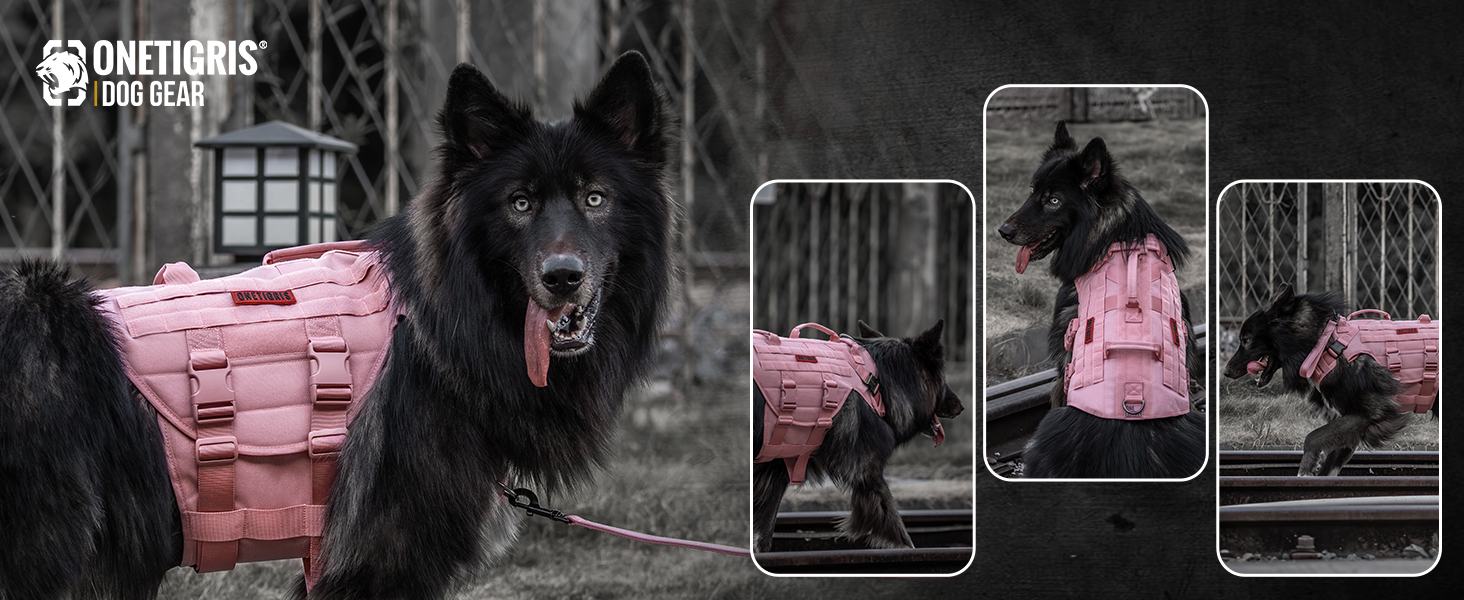 Нашийник для собак OneTigris X Destroyer тактичний, регульований, анти-тяга, вибухозахисний, з 3 ручками, 2 металевими пряжками, безпечний (Рожевий L), L:27-41кг (Окружність шиї:45-63см, Окружність грудей:68-91см)