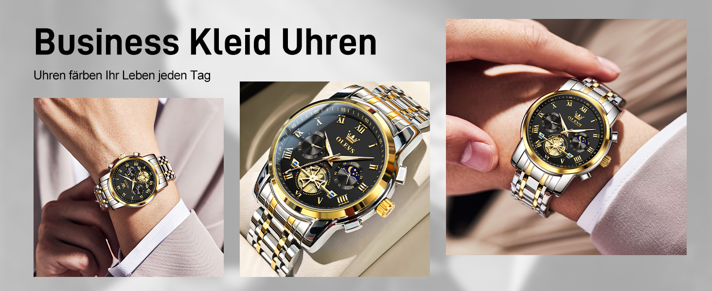 Годинник чоловічий OLEVS з металевим ремінцем, кварцовий, з місячною фазою, хронограф, водонепроникний (2859 Чорний / Двоколірний)