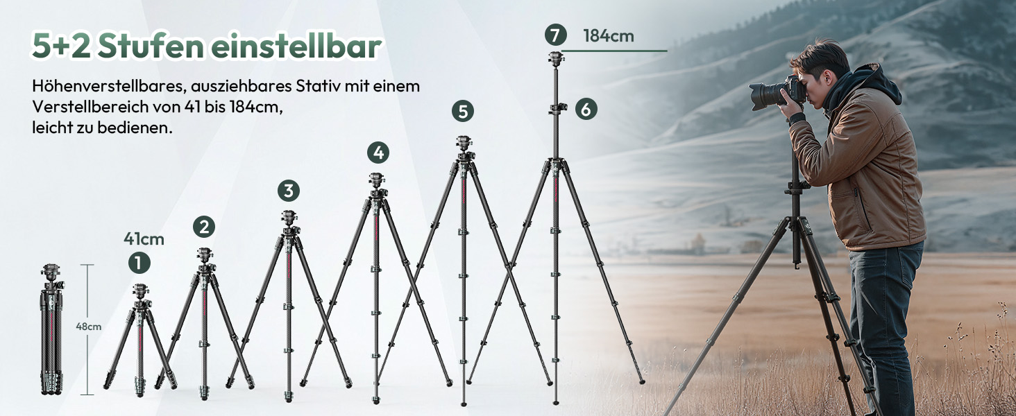 Штатив для камери ULANZI JJ05 GlideGo 184 см з карбону, складаний, з поворотним центральним стовпом, легкий, для DSLR, 360° кульковий голівкою, швидка пластина, вантажопідйомність 18 кг