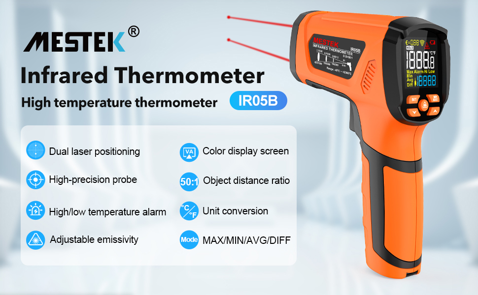 Інфрачервоний термометр MESTEK: цифровий лазерний пірометр з K-зондом (-50°C ~ 800°C), безконтактний, з LCD-дисплеєм, сигналізацією, регулюванням коефіцієнта випромінювання для кухні, гриля, авто