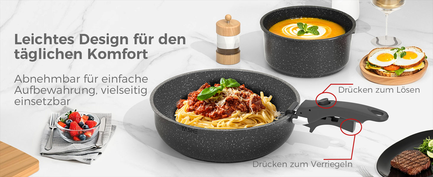 Набір кухонного посуду YASHE 15 предметів: каструлі та сковорідки з гранітно-посудовій поверхні, знімні ручки, складаний, легко миється, сумісний з індукцією, газом та склокерамікою, білий (сірий)