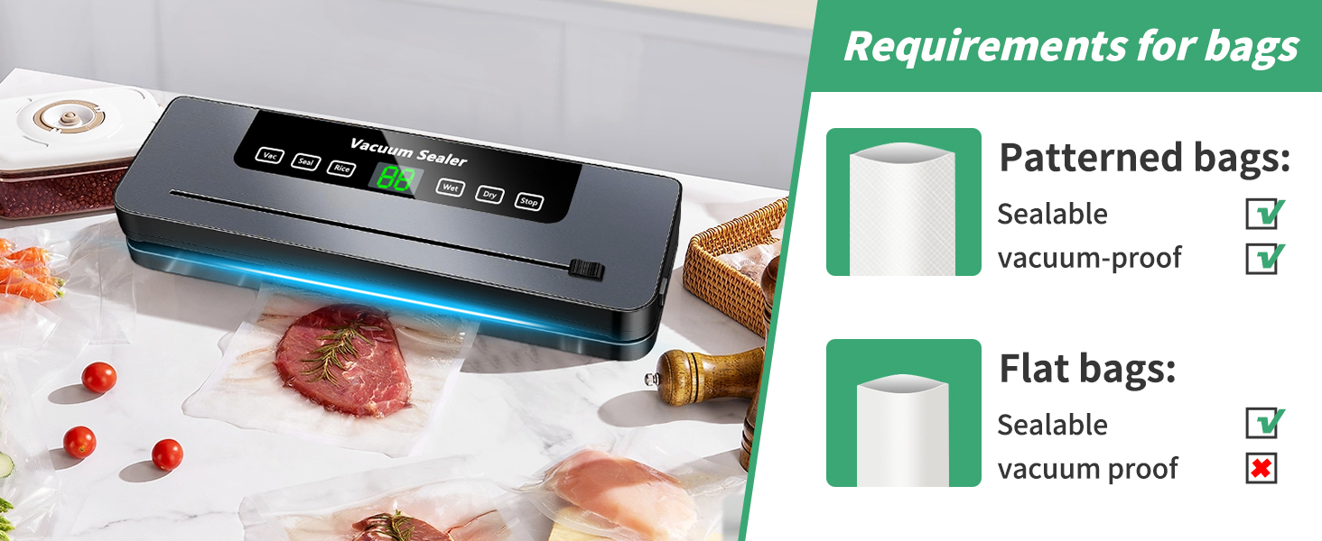 Вакуумний пакувальник 6-в-1 з цифровим LED-дисплеєм та 30 см зварювальною лінією, 50 шт. вакуумних пакетів, зовнішній шланг, для сухих та вологих продуктів, срібла