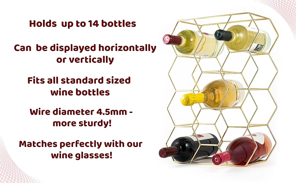 Стелаж для вина Gusto Nostro - металевий, 3-рівневий, на стіл, для 14 пляшок (золотий)