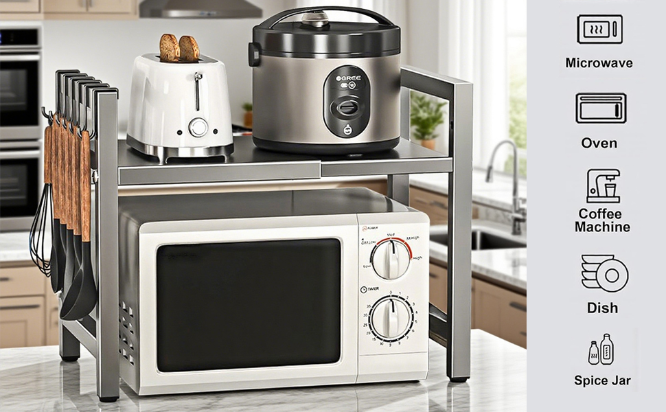 Настільний органайзер для мікрохвильової печі з 6 гачками, регульована висота та ширина, металевий, для кухні, спецій та кухонного приладдя