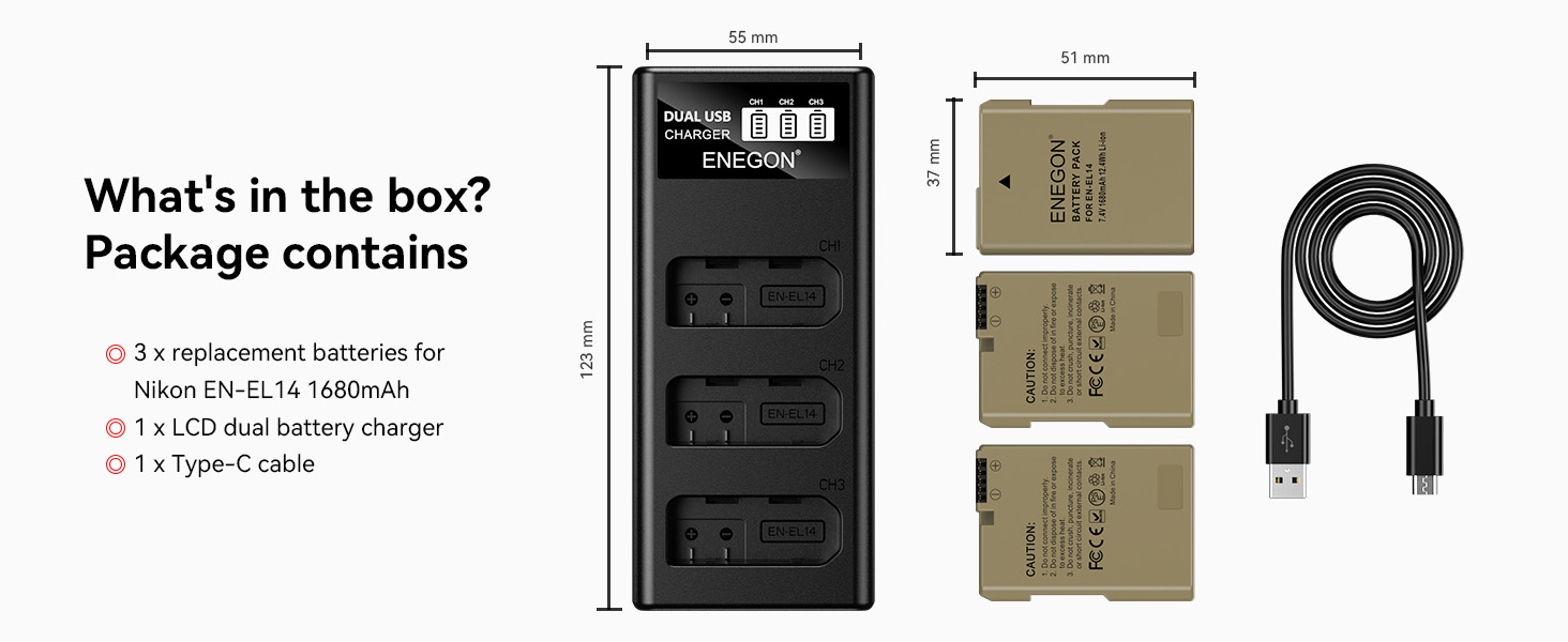 Запасний акумулятор ENEGON EN-EL14/EL14a (2 шт.) та смарт-LED зарядний пристрій Dual USB для Nikon DSLR D3100, D3200, D3300, D3400, D3500, D5100, D5200, D5300, D5500, D5600, DF, Coolpix P7000, P7100, P7700, P7800 (2 акумулятори + зарядний пристрій)