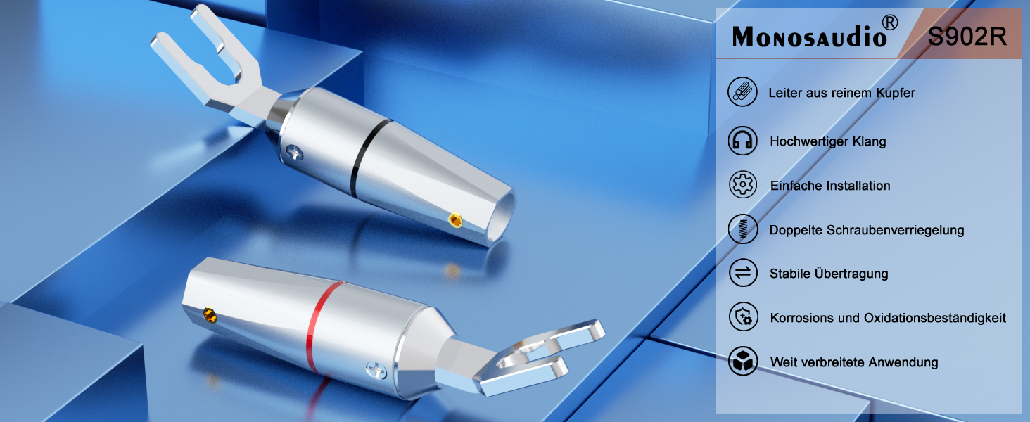 Комплект позолочених роз'ємів-лопаток Monosaudio SY1508G (8 шт), чиста мідь, подвійне гвинтове кріплення для кабелів 8-20AWG до 4мм, для акустик та підсилювачів (S902R Родіювання)