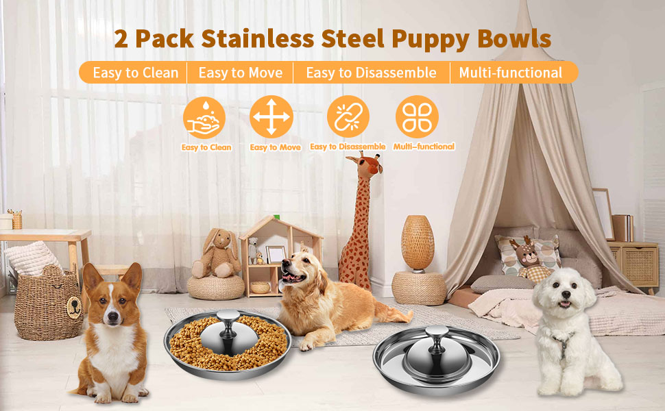 Набір мисок для цуценят та собак, 2 шт. з нержавіючої сталі, повільне годування, для маленьких собак, котів та тварин