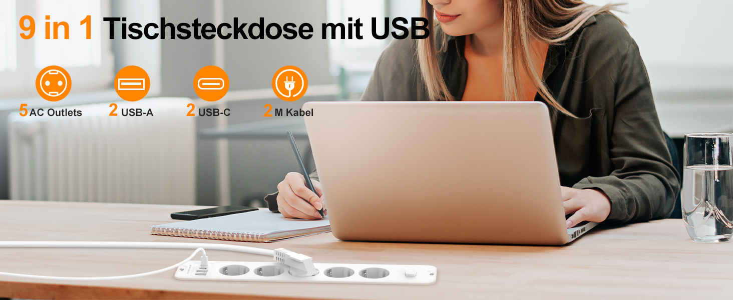 Мережевий адаптер з 2 USB-C (PD 20W) та 1 USB-A, 3 розетки з вимикачем, захист від перенапруги, кабель 1.5м (розподільник для столу)