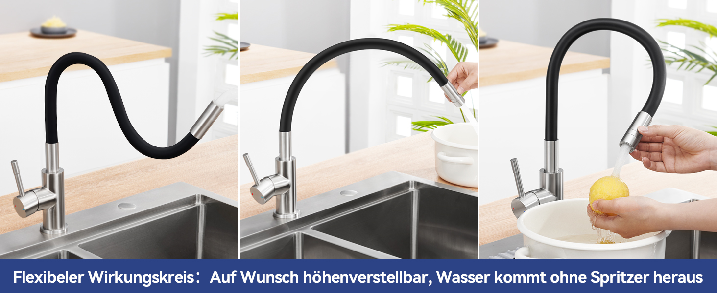 Чорний кухонний змішувач з гнучким виливом, 360° обертання, 2 режими струменя, нержавіюча сталь