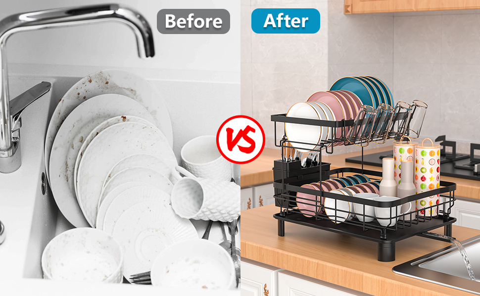 Сушарка для посуду E-MANIS з дренажною платформою, двошарова, з тримачем для столових приборів та чашок, чорна