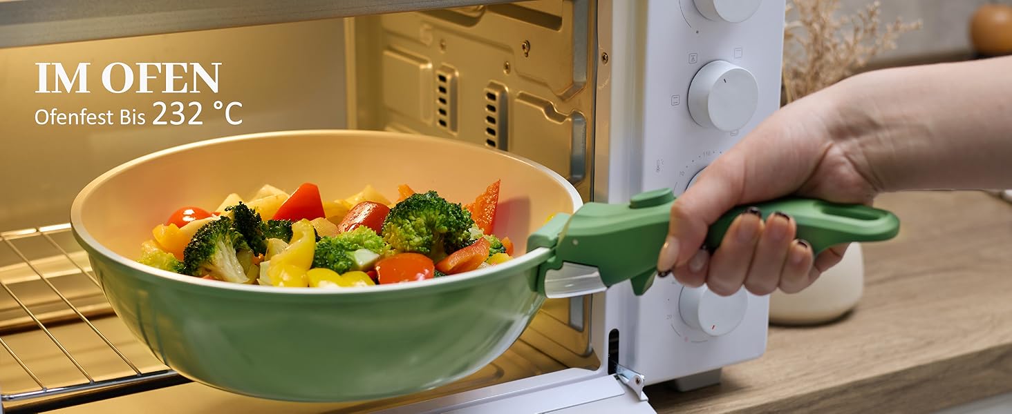 Набір посуду керамічний 23 предмети з антипригарним покриттям та знімними ручками, чорний. Підходить для всіх типів плит, включаючи індукційні. Сковороди 20/26 см, каструля 18 см, сотейник 24 см. Можна використовувати в духовці.