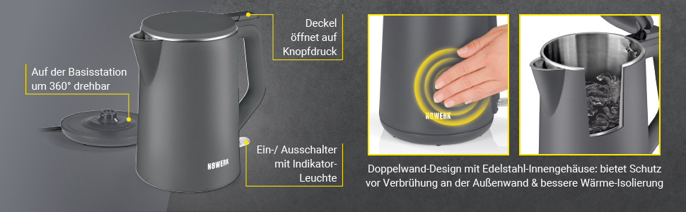 Електричний чайник з подвійними стінками Nordic Grey, 1.5 л, бездротовий, 2200 Вт, 360° обертання