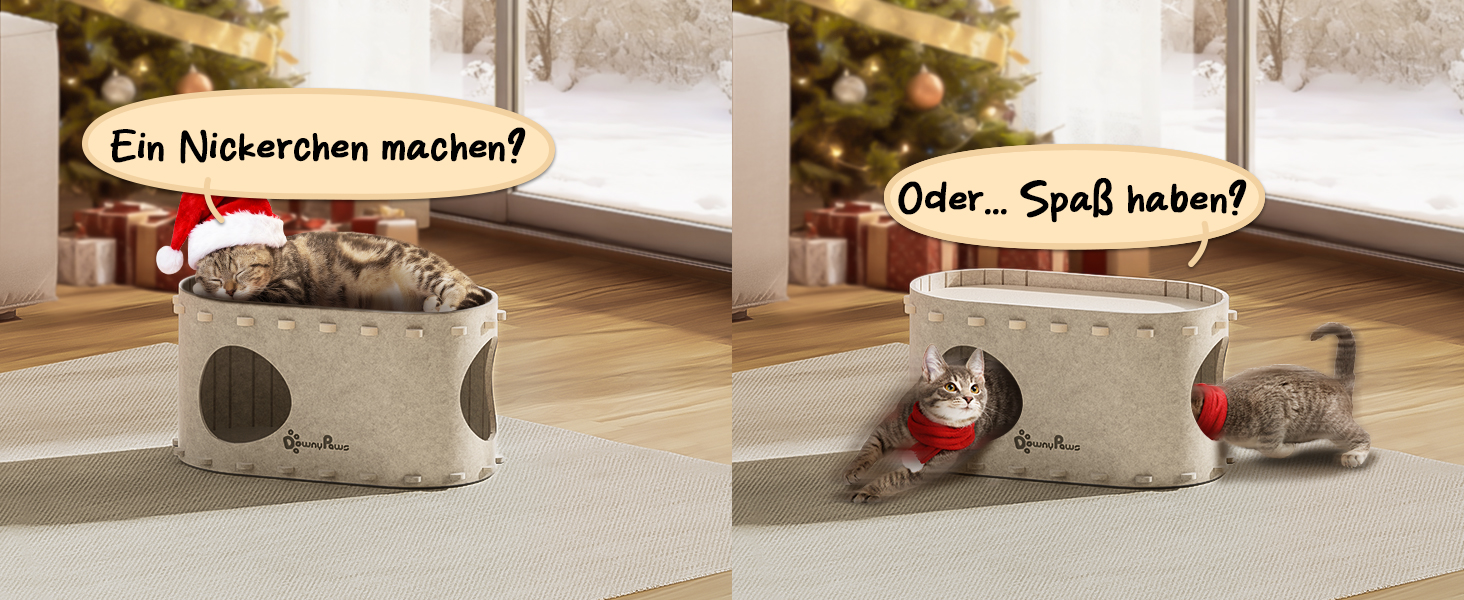 Будиночок для котів з фетру, лежанка для котів, затишна кімната для котів, 58 x 33 x 30 см, ігровий Peek-a-Boo, зимовий, захист кігтів, бежевий, 1 шт.