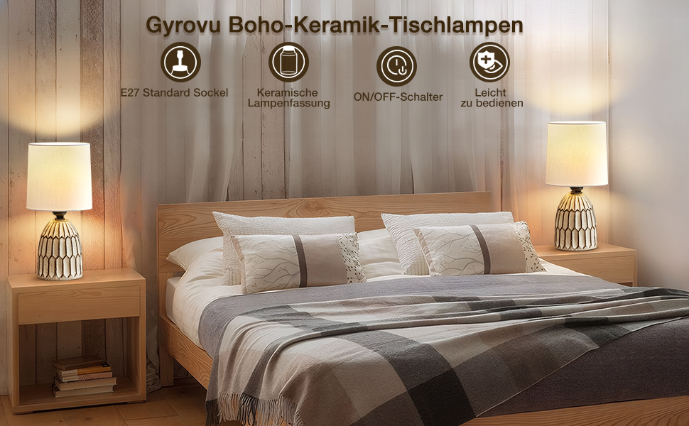 Настільна лампа GyroVu з ротангу, 2 шт. в наборі, бохо-стиль, патрон E27, для спальні, вітальні, читання