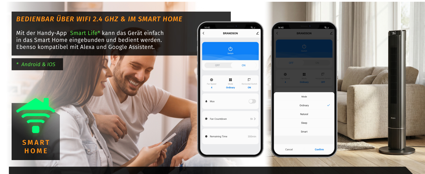 Вентилятор підлоговий Brandson DC Turm з Wi-Fi, керування через Smart Life, енергоефективний, тихий, з пультом - ECO GREEN
