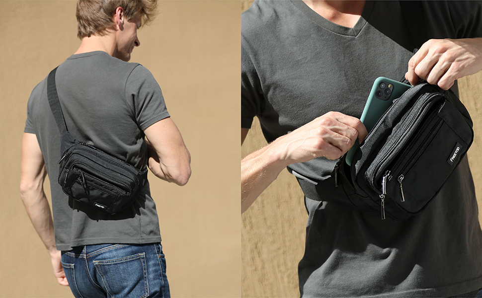 Чоловіча та жіноча поясна сумка FREETOO з 6 кишенями на блискавці – водонепроникна бананка для прогулянок з собакою, бігу, походів, подорожей та відпочинку, чорна