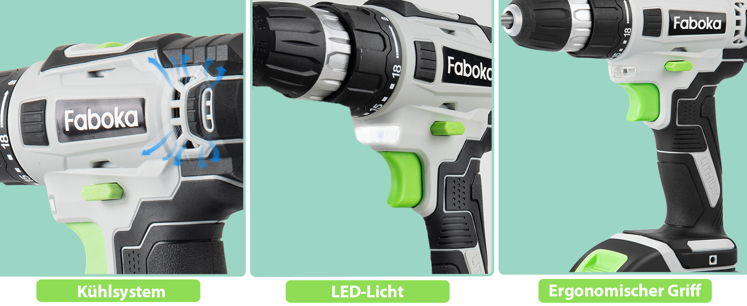 Faboka 21V акумуляторний шуруповерт, комплект з 2 акумуляторами 2.0Ah, 40Nm, 18+1 ступенів, 10мм патрон, регулювання швидкості, LED-підсвічування, для ремонту та DIY