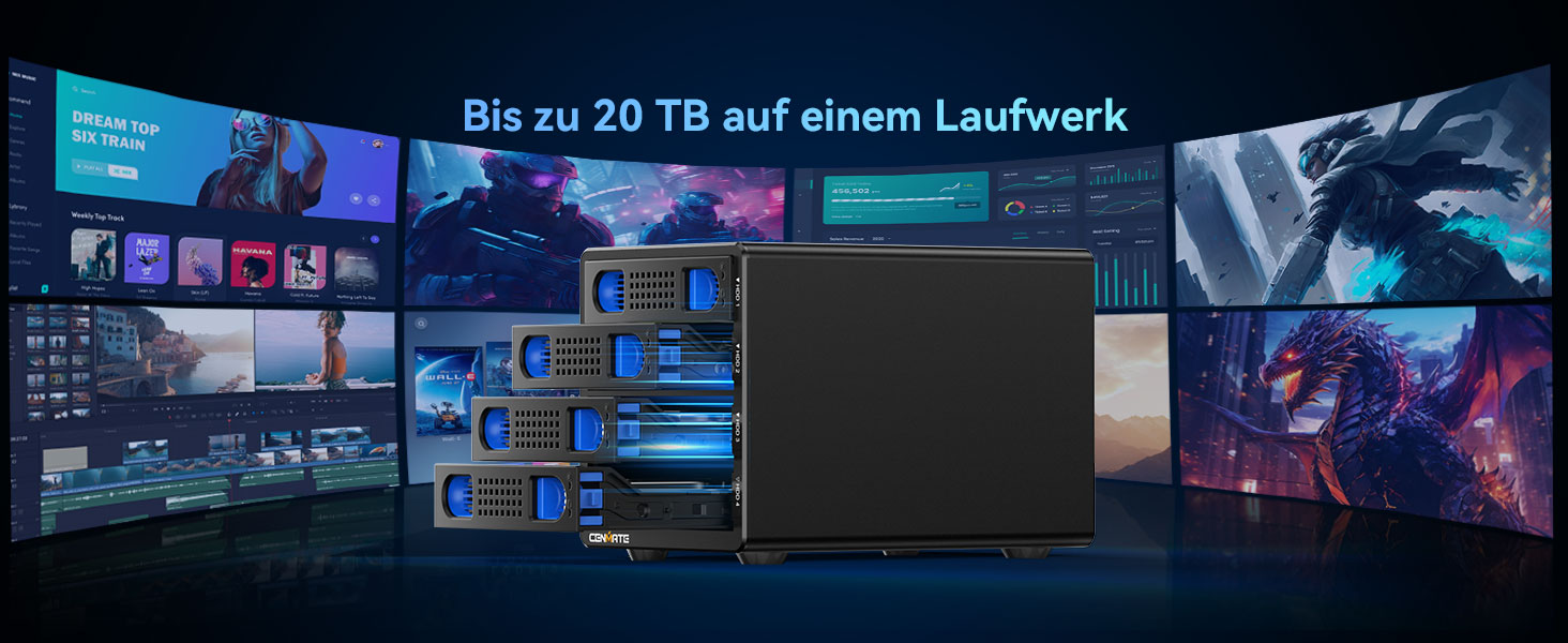 Корпус для жорстких дисків на 4 відсіки з вентилятором для 2.5/3.5' SATA HDD/SSD з USB A/C 3.0 та eSATA кабелем, підтримка Hot-Swapping, 80TB, DAS (без RAID/NAS)
