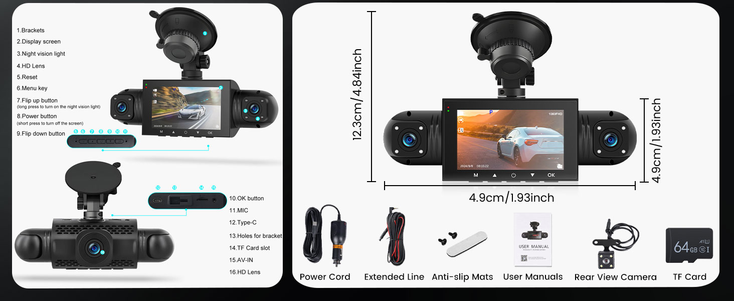Відеореєстратор 4-камерний 360° для авто, 4 камери FHD 1080P (передня, задня, ліва, права), 3