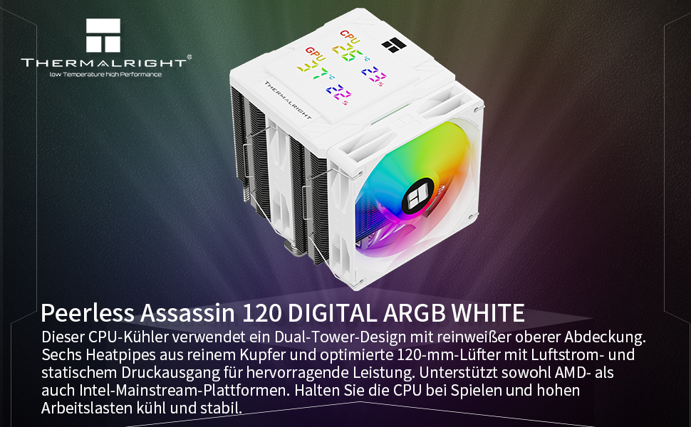 Кулер для процесора Thermalright Peerless Assassin 120 Digital ARGB White — двовежевий повітряний охолоджувач з цифровим дисплеєм, для AM4/AM5, Intel LGA1851/1700/1200
