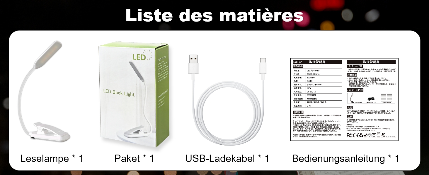 USB LED лампа для читання з кліпсою, 3 режими температури кольору, регульована яскравість, гнучка на 360°, для ліжка, столу та подорожей, біла