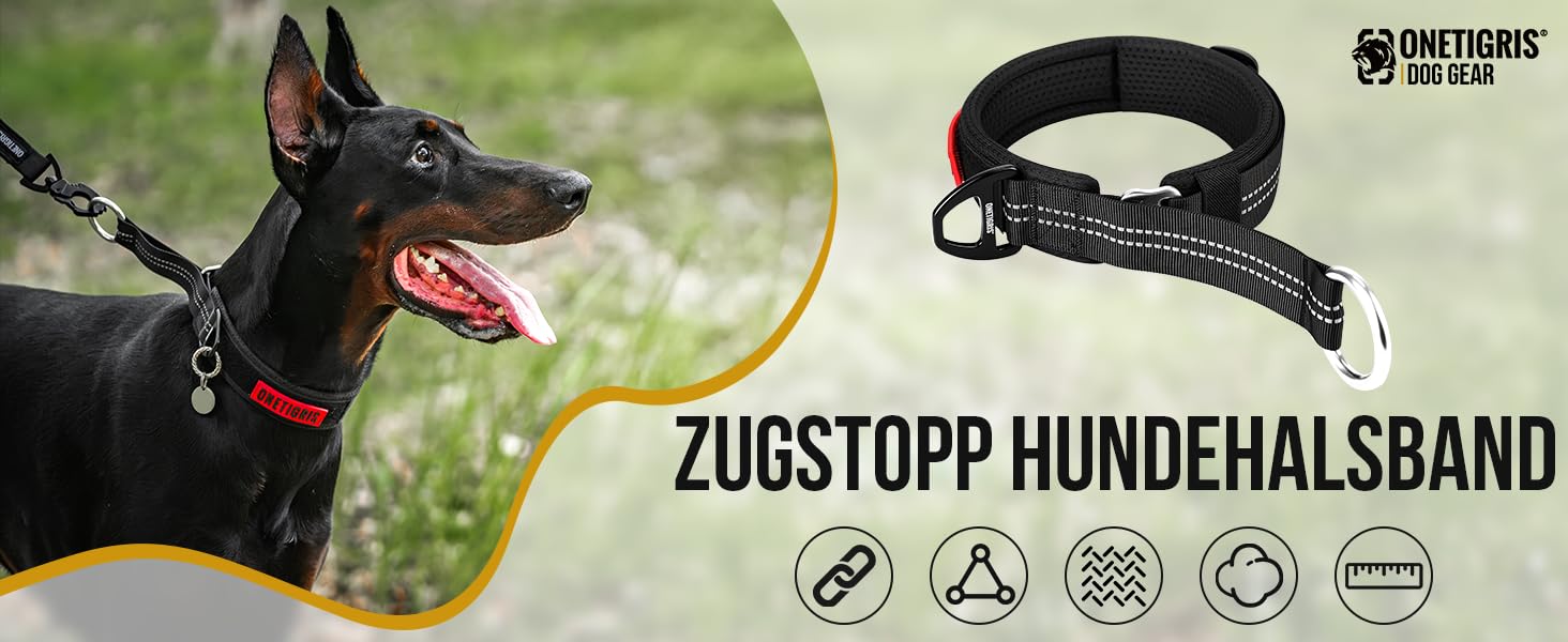 Нашийник для собак OneTigris Zug-Stopp, м'який, широка стрічка з відбиваючими елементами, чорний, XL, для середніх та великих собак