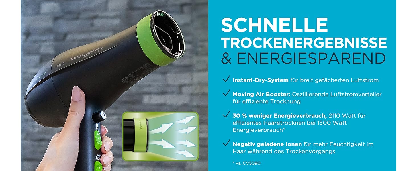 Фен Rowenta CV6030 Haartrockner Eco Intelligence Instant Dry з технологією Air Booster | 1500 Вт, 3 температури, 2 швидкості, холодне повітря, чорний