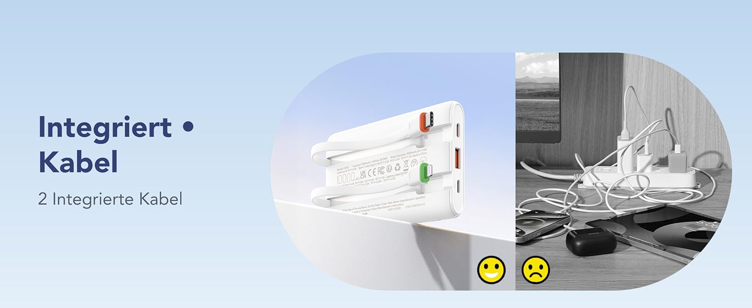 Повербанк VEGER 10000mAh 22.5W з вбудованим кабелем USB-C, швидка зарядка, білий