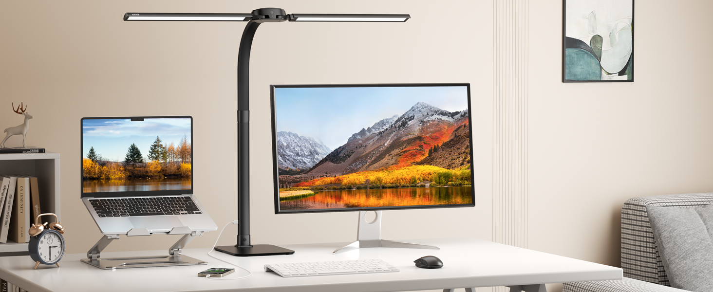 LED лампа настільна Kary з регулюванням яскравості, 24W, подвійний напівкруг, для офісу, роботи, читання, з пультом та USB-портом, чорна