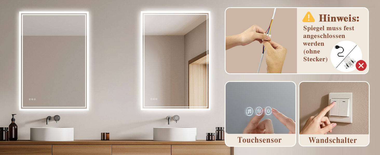 Дзеркало для ванної кімнати з підсвічуванням LED, антизапар, сенсорне управління, регулювання яскравості, 3 кольори світла, овальне, 50x70 см (Bluetooth, антизапар, 100L x 70B см)