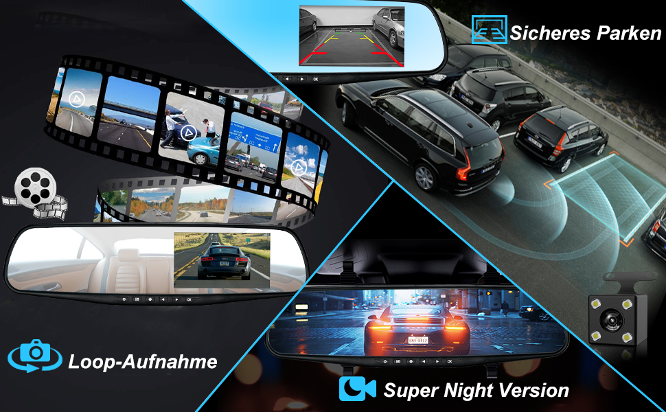 Відеореєстратор Podazz Dashcam Auto - камера для автомобіля з 3-дюймовим IPS екраном FHD 1080P, 170° кутом огляду, нічним баченням, G-сенсором, циклічною записом та детекцією руху, паркувальний режим (блакитний)