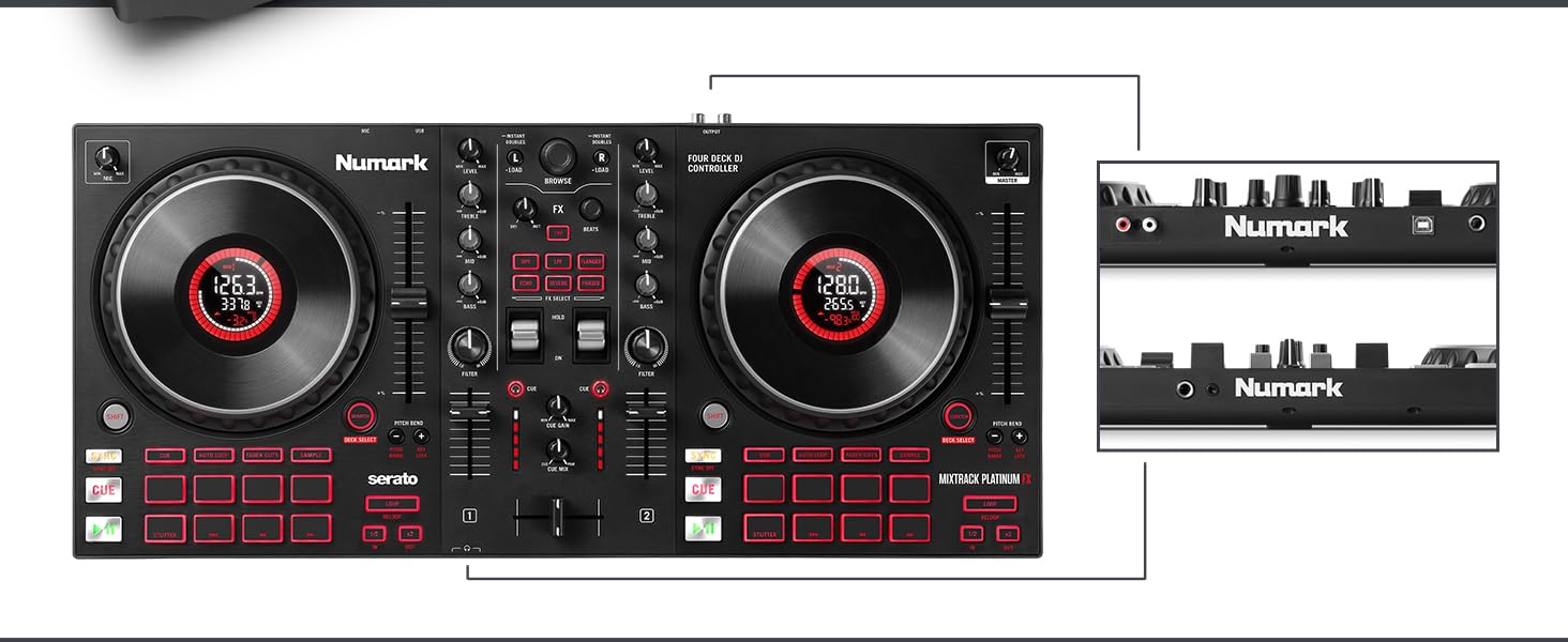 DJ контролер Numark NS4FX: 4 канали, Touch-Jogwheels, Pads, ефекти, Serato DJ Lite, чорний