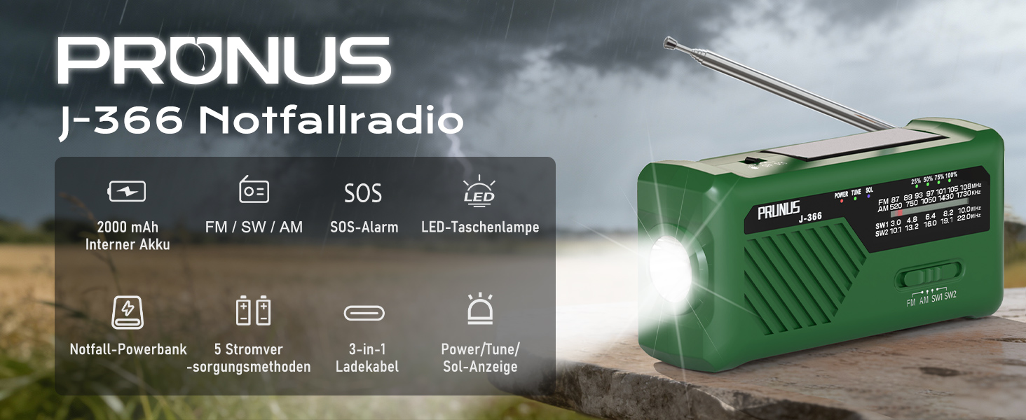 Радіо PRUNUS J-366 FM/AM/SW з ручним заводом, акумулятором 2000mAh та функцією зарядки телефону - аварійне радіо з ліхтариком, SOS сигналом, для подорожів, чорне/зелене