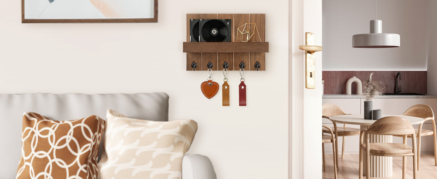 Дерев'яне ключове дощечка з полицею, 5 гачків, для прихожої, спальні, вітальні (колір: коричневий)