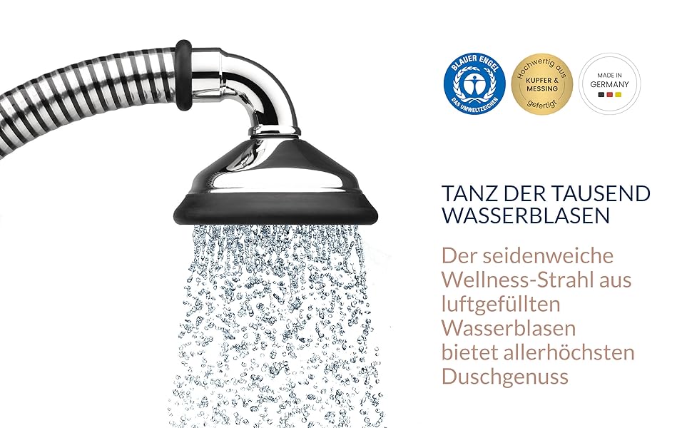 The first showerhead with the Blue Angel eco-label. BUBBLE-RAIN espresso XL. Shower sustainably with our water bubble technology = over 60% water and energy savings. From an alpine manufactory.