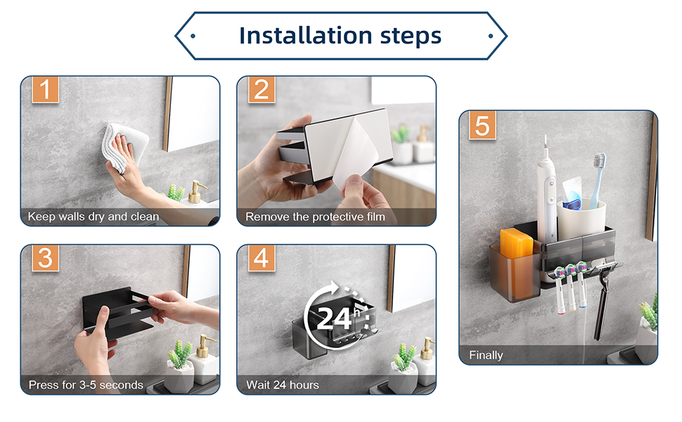 Тримач для електричної зубної щітки з нержавіючої сталі, настінний, без свердління, для 3 щіток та аксесуарів