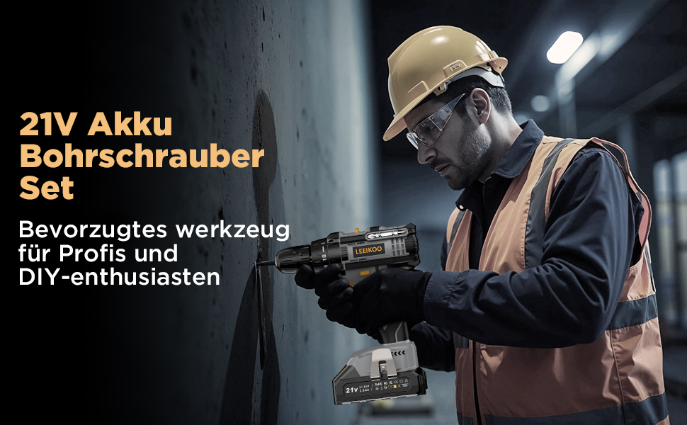 Акумуляторний шуруповерт LEEIKOO 21V з акумулятором 2.0Ah, 42N.m, 10мм патрон, 2 швидкості, 18+1 момент, LED, 20шт набору, сірий