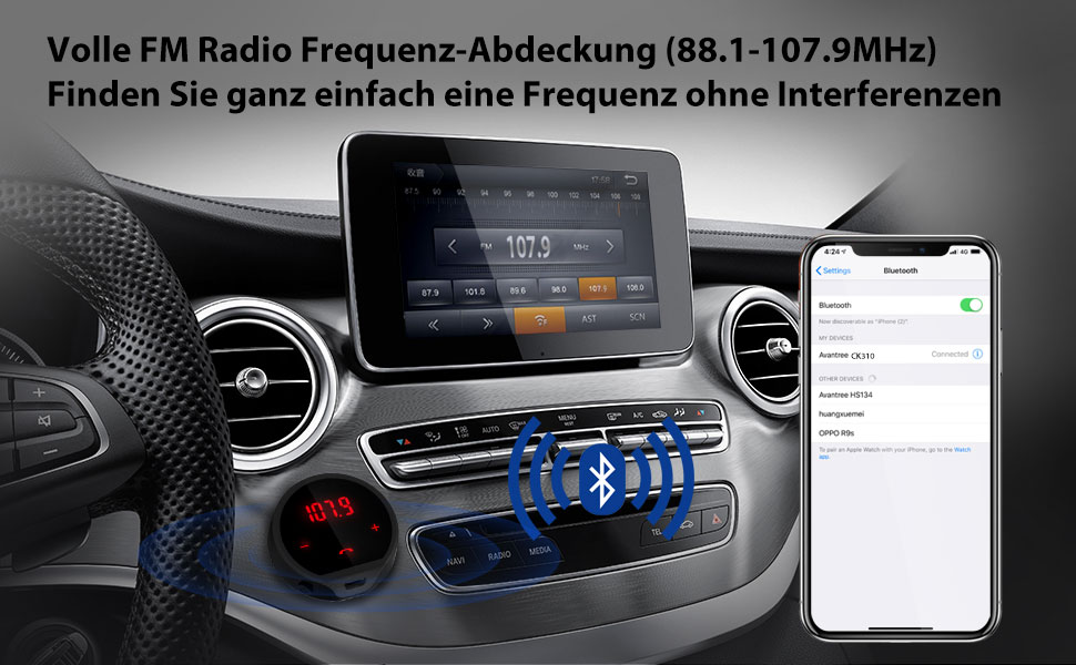 Bluetooth FM-трансмітер Avantree CK310 для авто, бездротовий радіоадаптер, автомобільний набір гучного зв'язку з клейкою основою, автоматичне вмикання/вимикання, акумулятор 7 годин, стерео приймач, функція дзвінків, заряджається