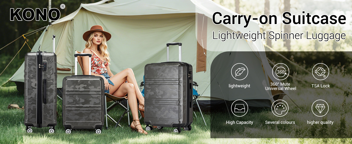 Чемодан-валіза KONO з ABS+PC: міцний, з TSA-замком та 4 колесами, 52 см, сірий/камуфляж