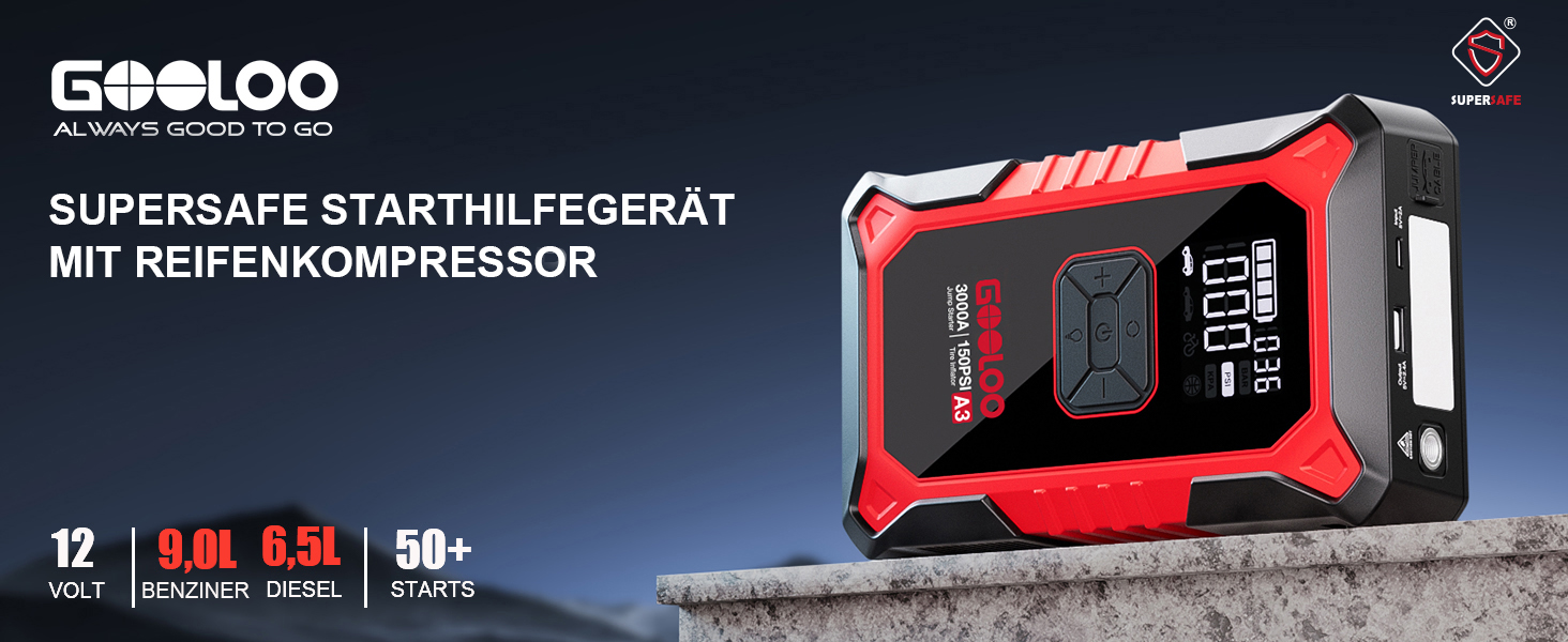 Powerbank з компресором GOOLOO A3 для автомобіля 12V (до 9.0L бензин/6.5L дизель), 3000A, 150PSI, LED дисплей