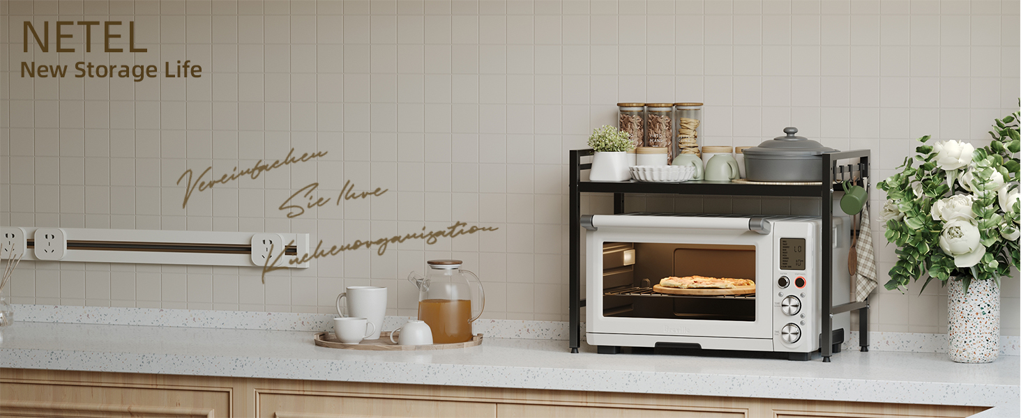 Підставка для мікрохвильової печі NETEL 3-ярусна, розширювана, з 8 гачками, чорна