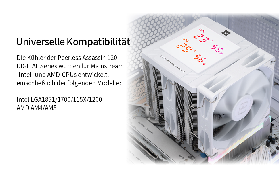 Кулер для процесора Thermalright Peerless Assassin 120 Digital ARGB White — двовежевий повітряний охолоджувач з цифровим дисплеєм, для AM4/AM5, LGA1851/1700/1200/115X