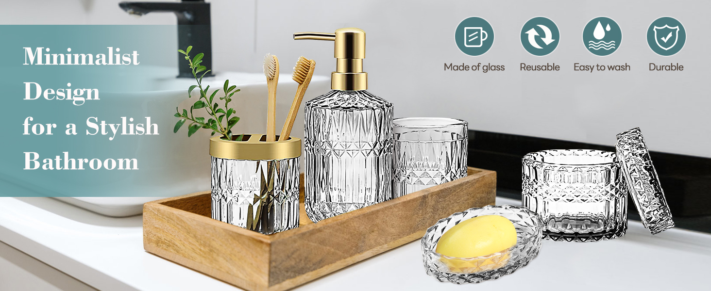 Набір аксесуарів для ванної кімнати 5 предметів: дозатор для мила та лосьйону, склянка для зубних щіток, стаканчик, мильниця та органайзер зі скла, прозорий, сучасний дизайн для ванної, кухні, косметичного столика, декор