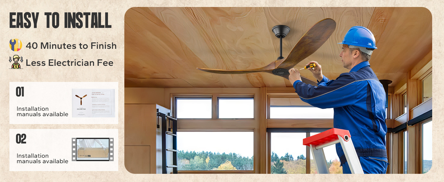 152 см, дерев'яний стельовий вентилятор з дистанційним керуванням, 3 лопаті, DC-двигун, для дому та вулиці, таймер, без освітлення