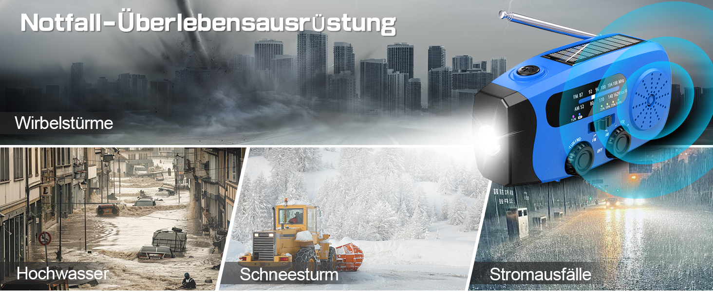 Радіо-кринка Notfall Weltempfänger 4000 mAh (14800 mWh) з 3 кабелями, AM/FM/WB, SOS-сигнал, ліхтарик, блакитне аварійне радіо