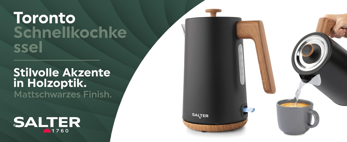 Електричний чайник Salter Toronto 1,7L, 3kW, чорний: швидке кип'ятіння, 360° підставка, фільтр від накипу, дерев'яний дизайн, бездротовий, захист від сухого кип'ятіння, автовимкнення, контролер Otter, чорний колір