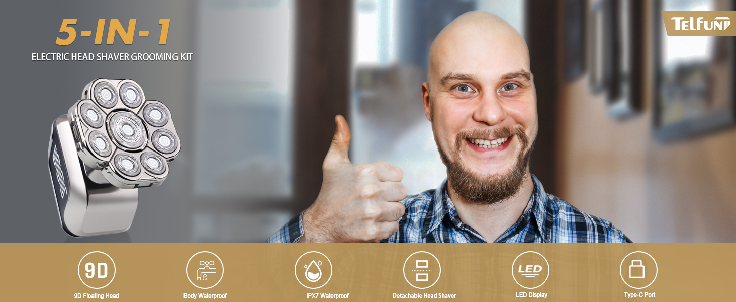 Електрична машинка для гоління 9D для чоловіків, 5-в-1 набір для догляду, LED-дисплей, USB-C зарядка